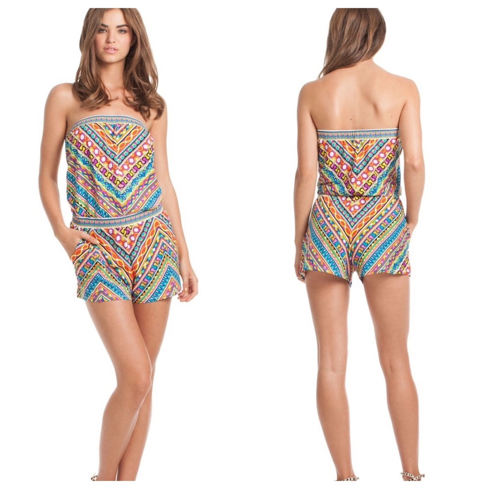 Trina Turk Strapless Geometric‎ Chevron Print Romper Multi-Color Small Pockets